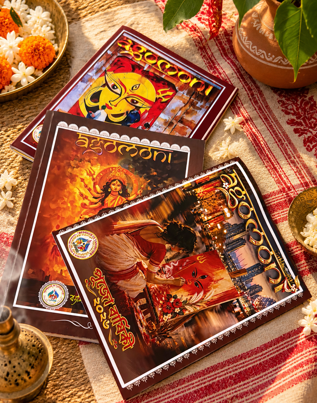 Three editions of BongMilanti's Agomoni magazine displayed in a traditional Bengali Durga Puja setting